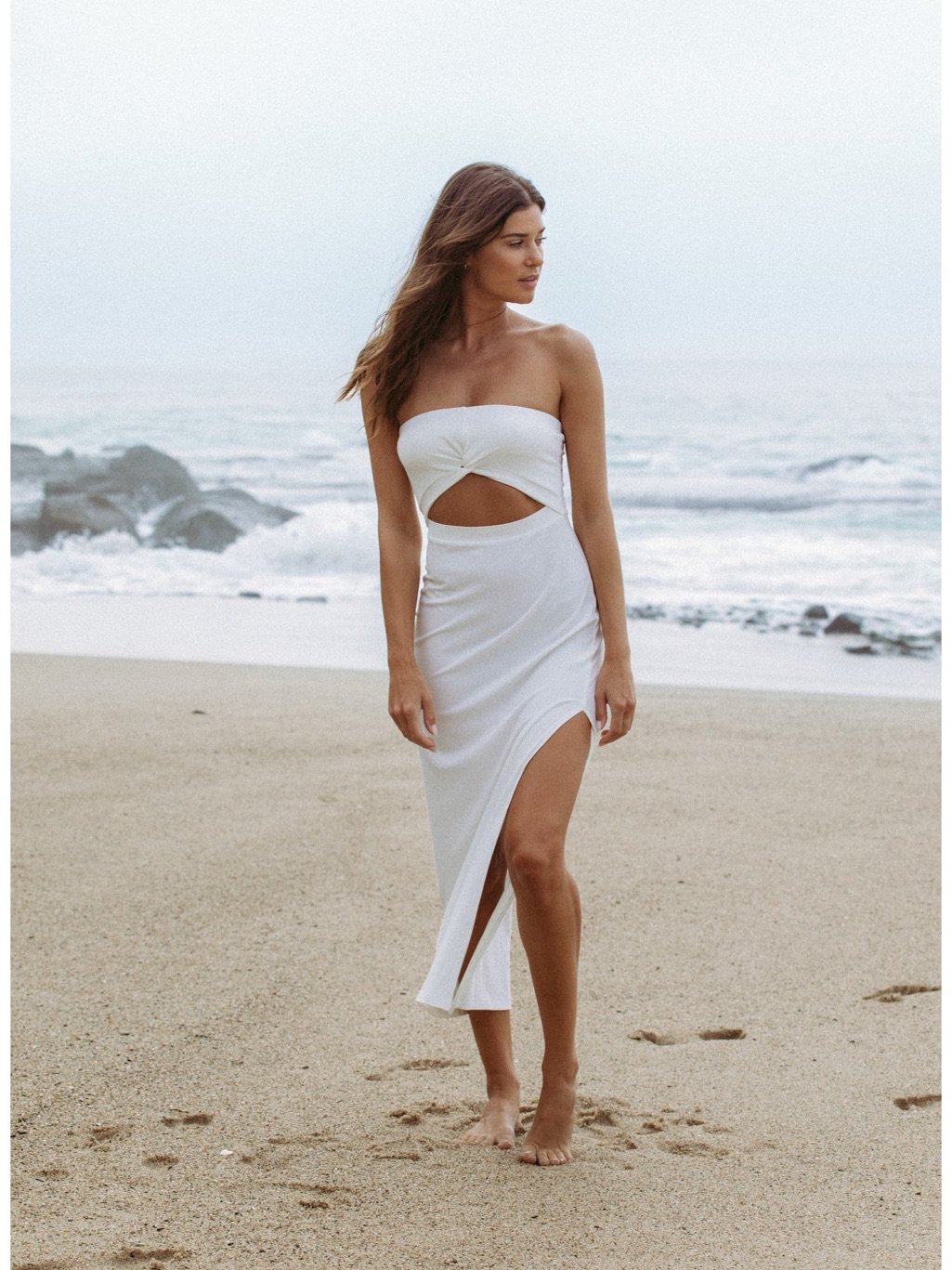 L*Space White Strapless Cutout Midi Dress With High Side Slit
